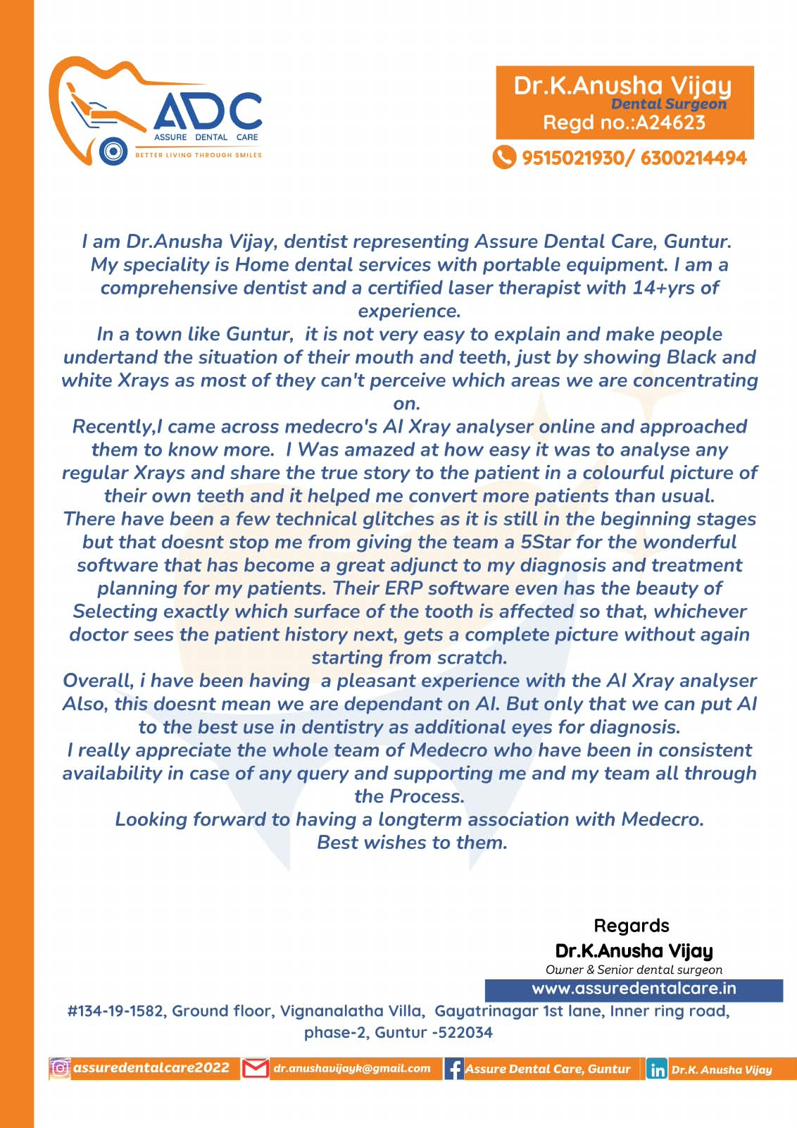 Signed statement from Dr. K. Anusha Vijay, Assure Dental Care, Guntur, reproduced in full